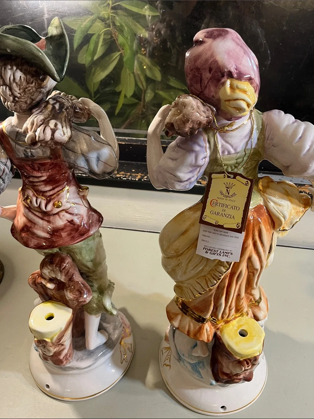 Decorative Porcelain Figurine Pair in Green and Yellow